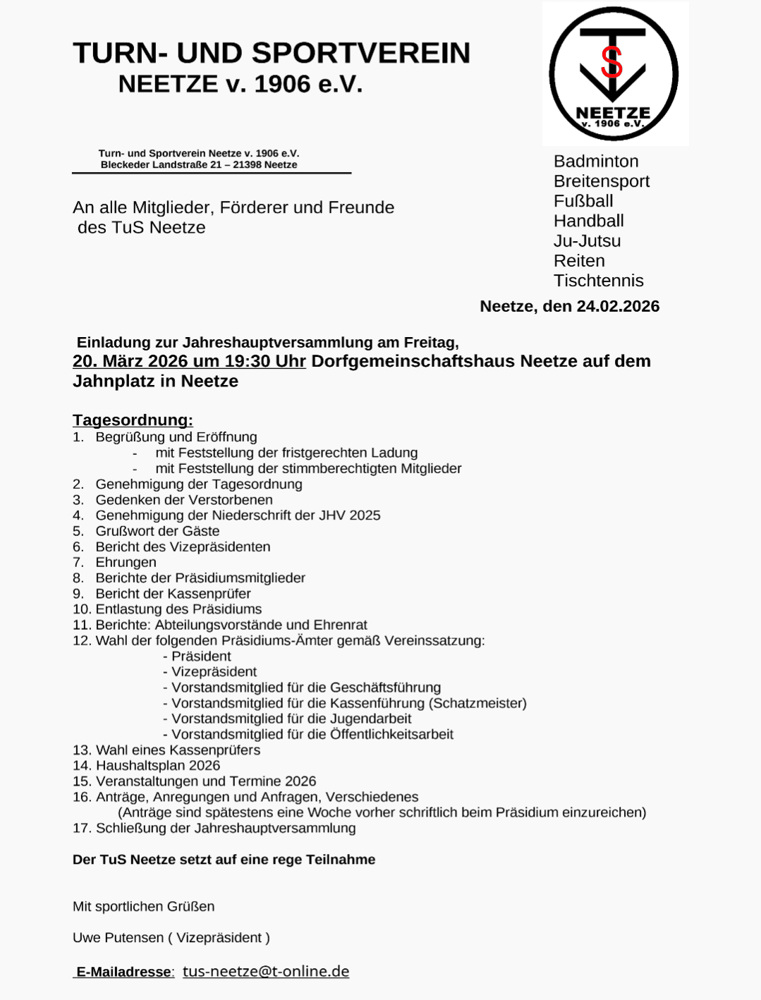 Einladungsschreiben zur Jahreshauptversammlung am 20. März 2026 mit Tagesordnung