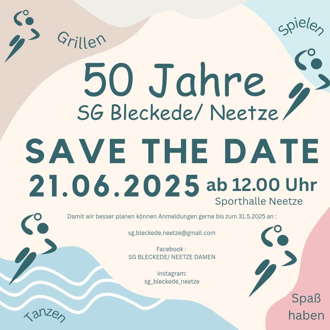 Plakat: 50 Jahre SG Bleckede/Neetze, Feier am 21.06.2025 ab 12 Uhr in der Sporthalle Neetze
