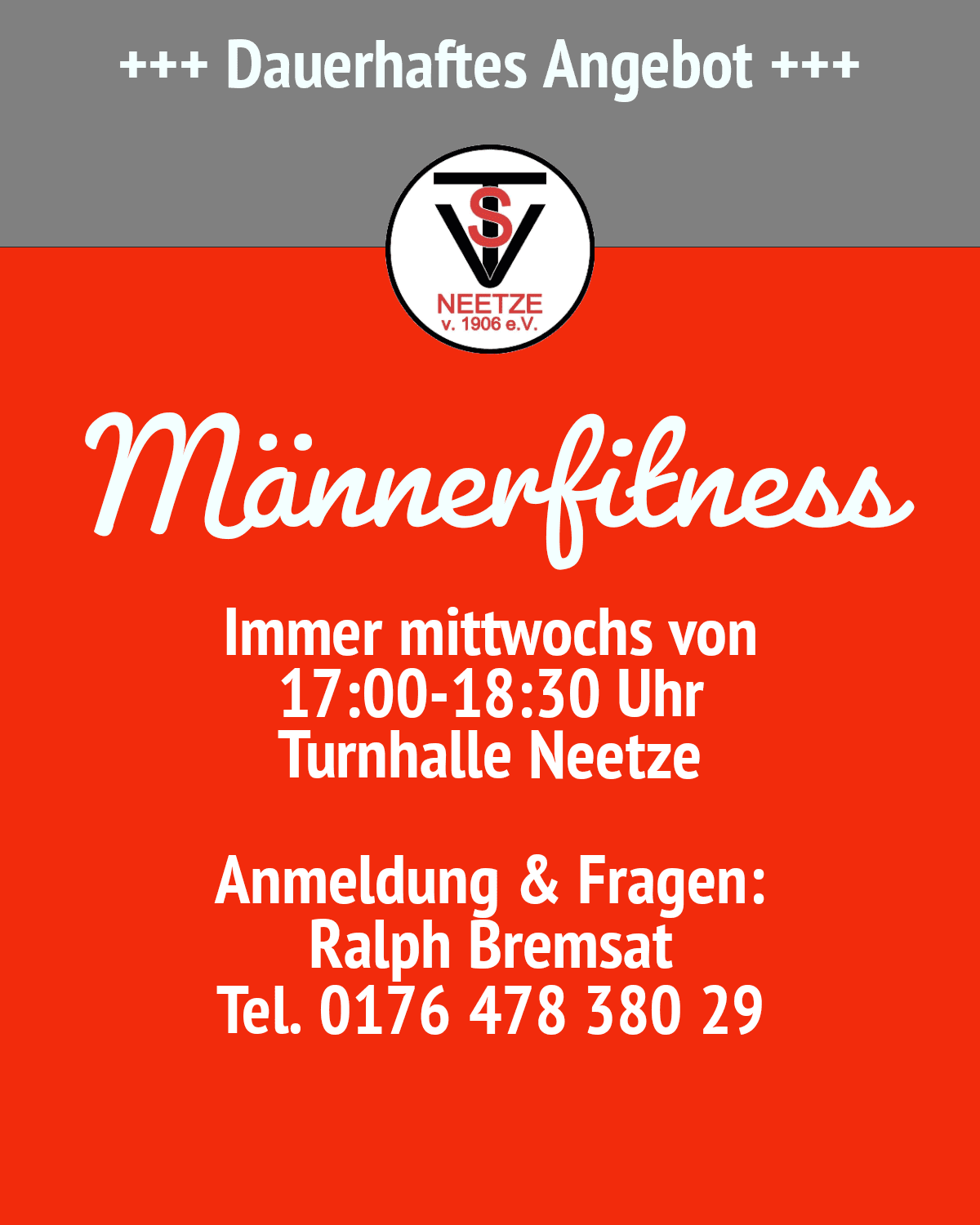 Plakat: Männerfitness immer mittwochs von 17 bis 18:30 Uhr in der Turnhalle Neetze