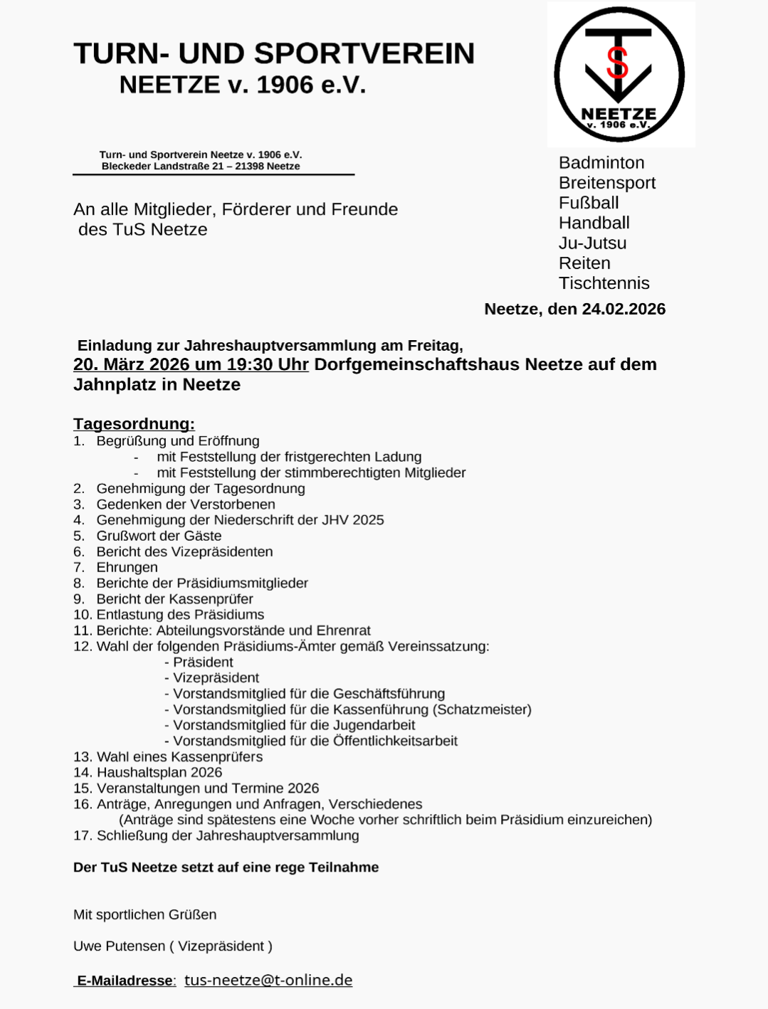 Einladungsschreiben zur Jahreshauptversammlung am 20. März 2026 mit Tagesordnung